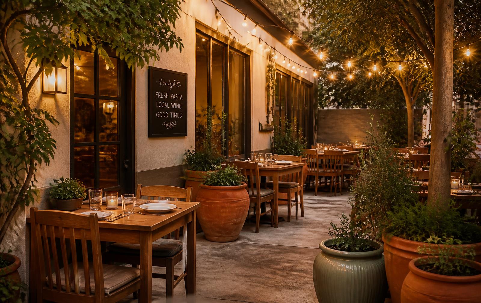 Newly opened outdoor patio seating at FamilyFriend with string lights